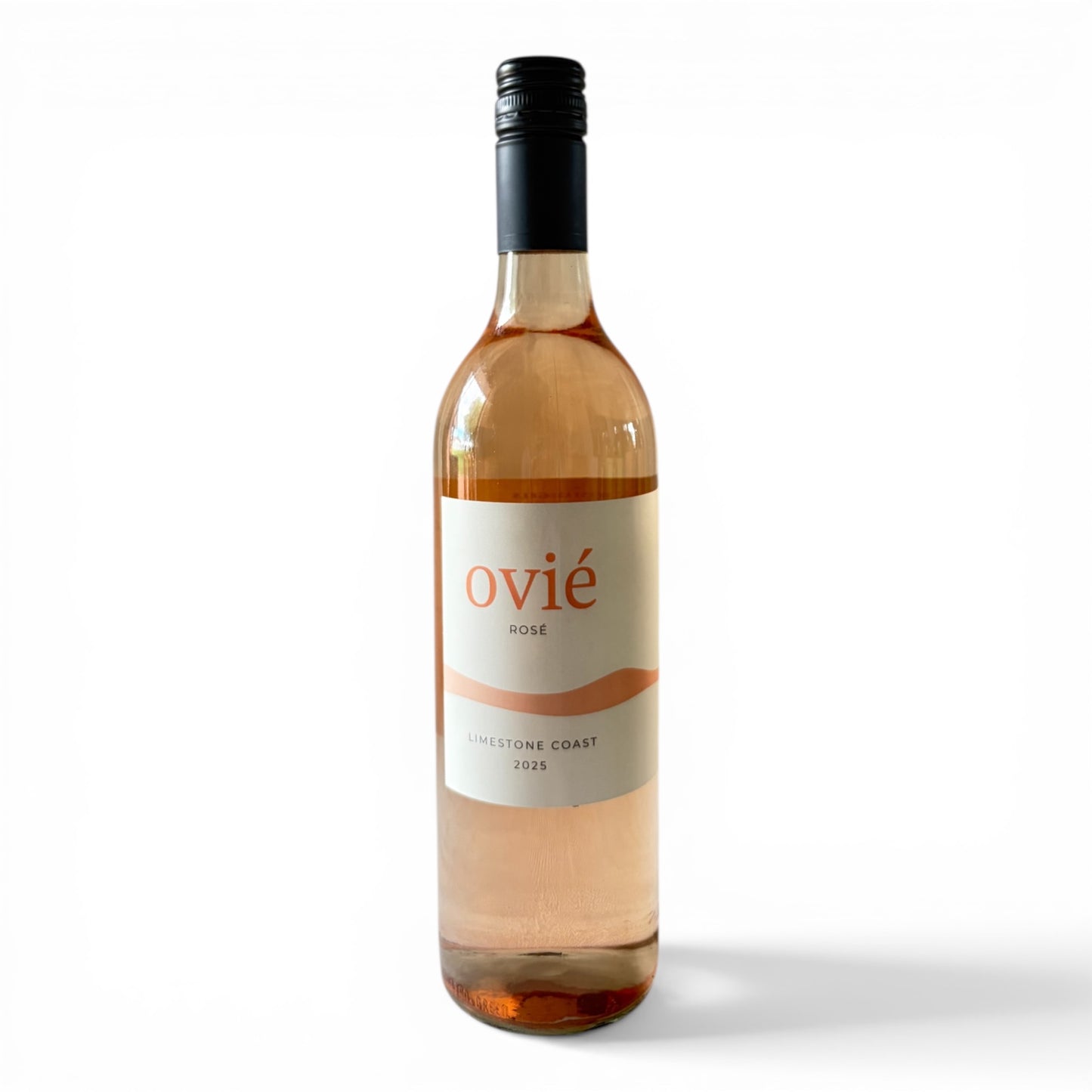 Bottle of ovié rosé wine on a white background