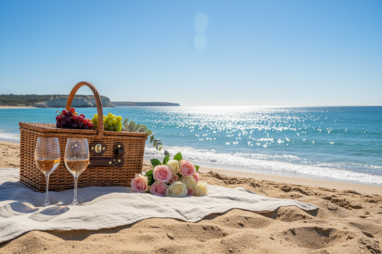 luxury South Australian beach picnic with two glasses of rosé wine placed on the left side of the image, turquoise ocean, blue sky, soft beige sand, sunlight reflections, and a light picnic blanket with a basket, grapes, and flowers — elegant, bright, coastal lifestyle banner layout.
