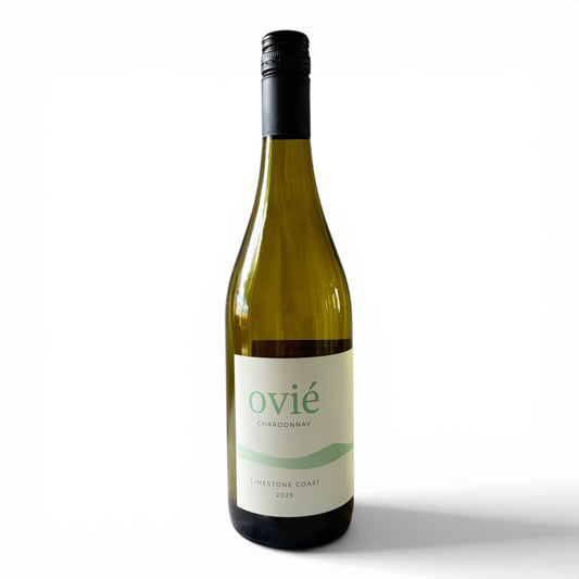 Ovié Chardonnay wine bottle on a white background