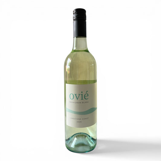 Wine bottle labeled 'ovié' on a white background