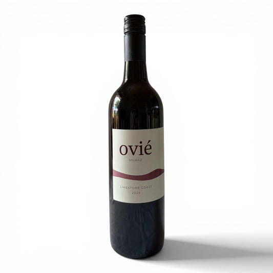 Wine bottle with 'ovié' label on a white background