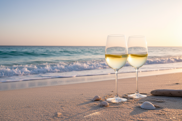 Two elegant wine glasses with white wine and lemon slices on a sandy beach, turquoise ocean waves in the background, soft golden sunset lighting, clear blue sky — luxury coastal lifestyle banner aesthetic.